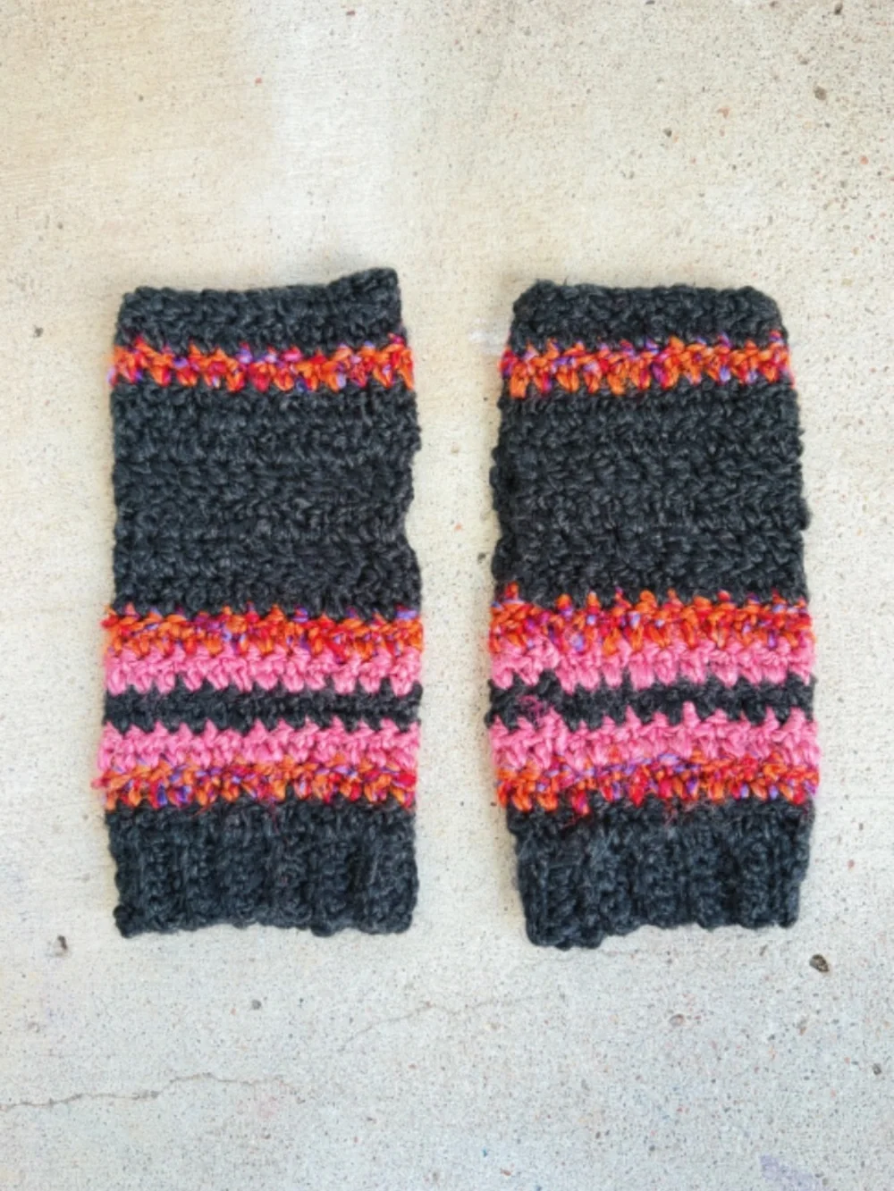 Handmade Crocheted Fingerless Gloves in Black, Orange, and Pink